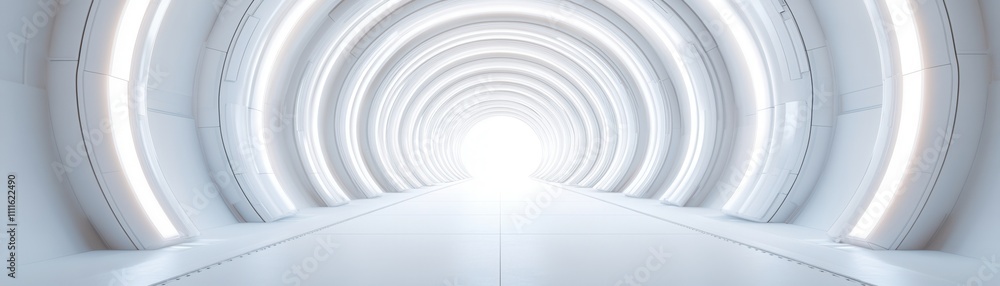 Poster a futuristic, illuminated tunnel with smooth curves and bright light at the end, creating a sense of