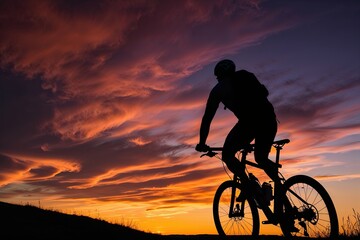 Obraz premium Silhouette of a Cyclist on a Trail at Sunset with a Fiery Orange and Purple Sky