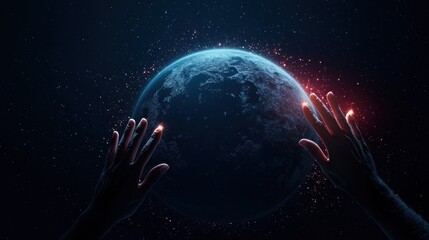 Hands of diverse people reaching towards each other around a globe, representing global collaboration and interconnectedness through technology.