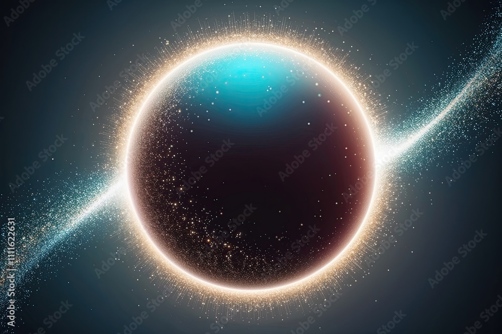 Poster shimmering gradient hologram pulse of luminous particles in a sphere design
