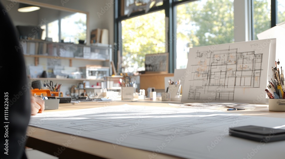 Poster architectural workspace with blueprints and tools