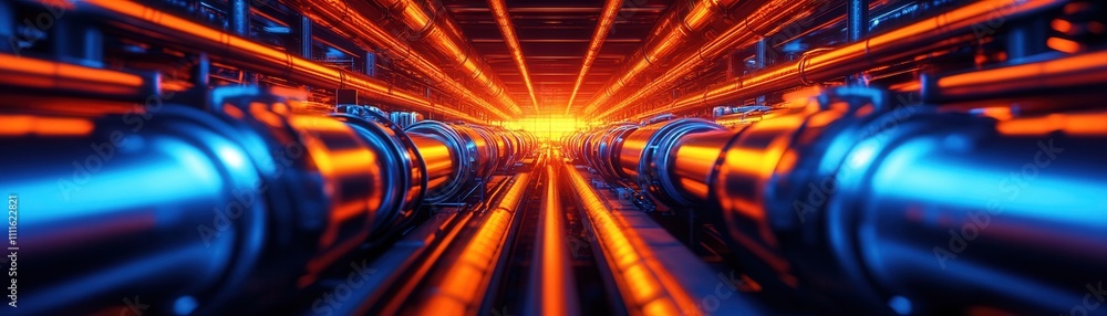 Poster a vibrant, futuristic view of illuminated pipes converging toward a glowing center, showcasing intri