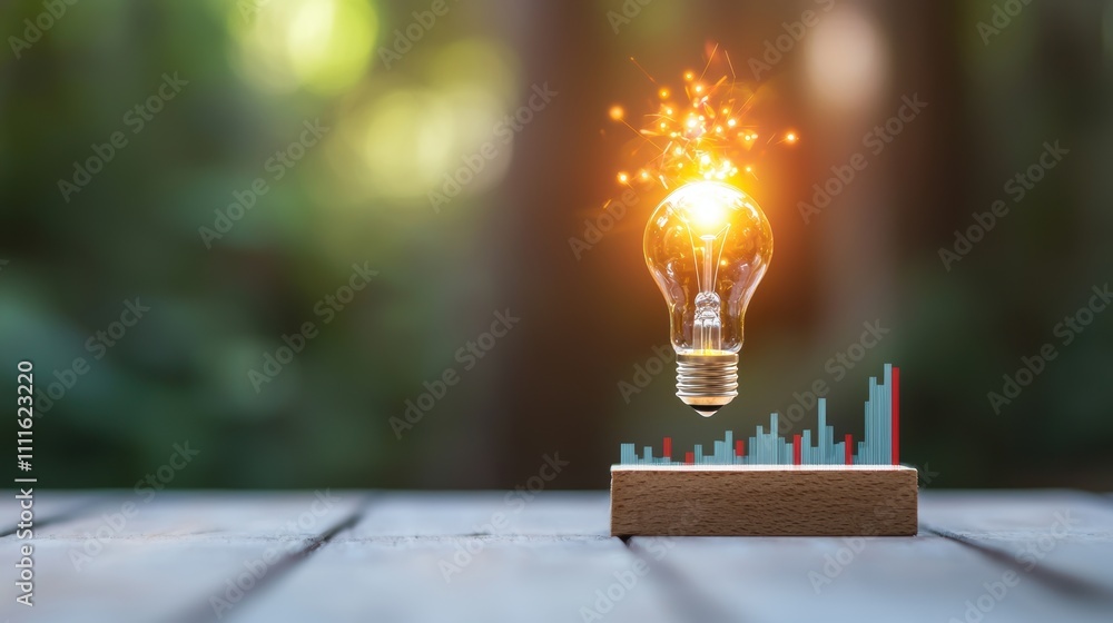 Poster a single light bulb exploding on a graph chart showing exponential growth, symbolizing the impact of