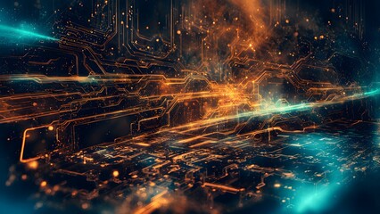 Obraz premium Abstract digital landscape with glowing circuitry and vibrant colors.