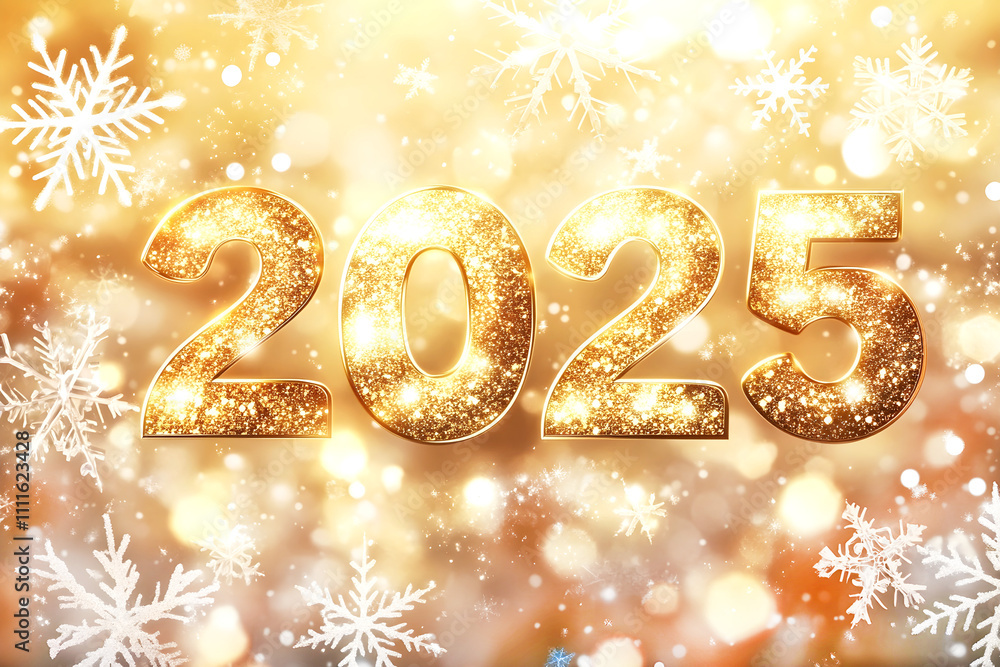 Poster golden 2025 text surrounded by sparkling snowflakes and glowing bokeh lights, creating a festive and