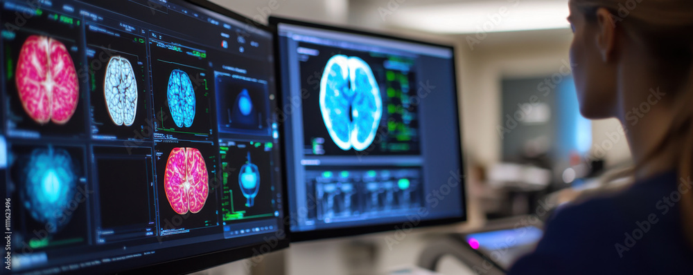 Poster advanced imaging technology displays brain scans on monitors, showcasing detailed neurological data 