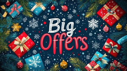 Festive Christmas sale background with bold "Big Offers" text, surrounded by Christmas decorations like baubles, snowflakes, and gift boxes. Bright, eye-catching design perfect for marketing.