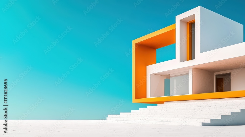 Poster geometric architecture featuring a blend of white and orange walls with sharp angular lines against 