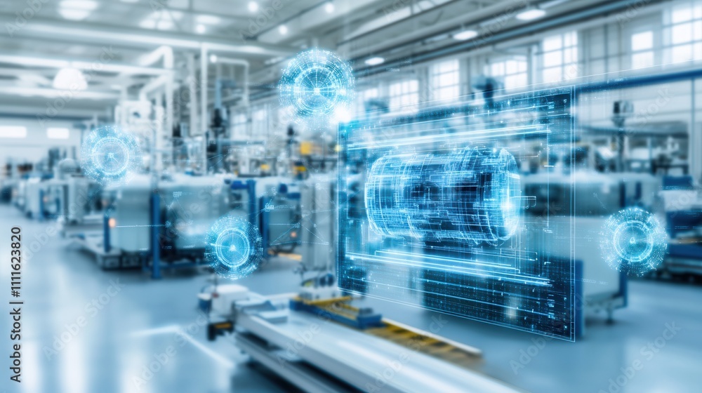 Poster a high-tech industrial environment showcasing advanced machinery with digital overlays representing 