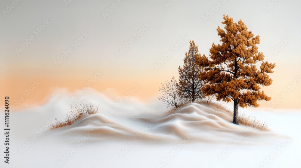 Poster a landscape scene partially obscured by a golden fog, adding an element of mystery and intrigue to t