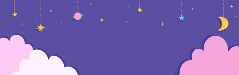 Pink clouds and night sky background frame, retro and dreamy cute hand drawn illustration / ピンクの雲と夜空の背景フレーム、レトロでゆめかわいい手描きのイラスト