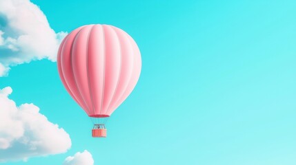 Fototapeta premium A hot air balloon floating peacefully across a clear blue sky adorned with fluffy white clouds, conveying a sense of freedom, adventure, and tranquility.
