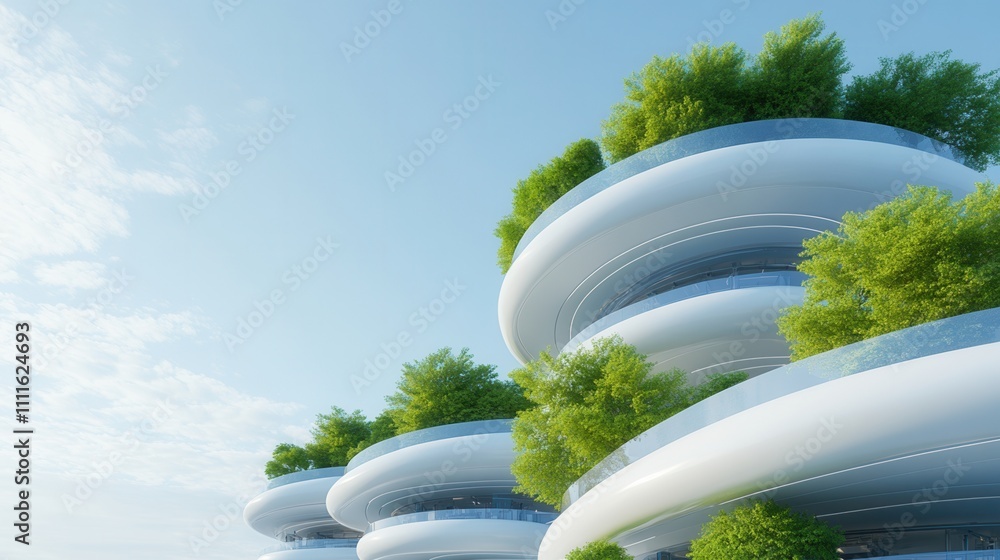 Poster a futuristic building design featuring curved structures adorned with greenery against a clear blue 