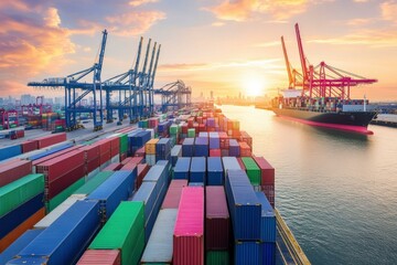 Cargo containers at sunset. AI.