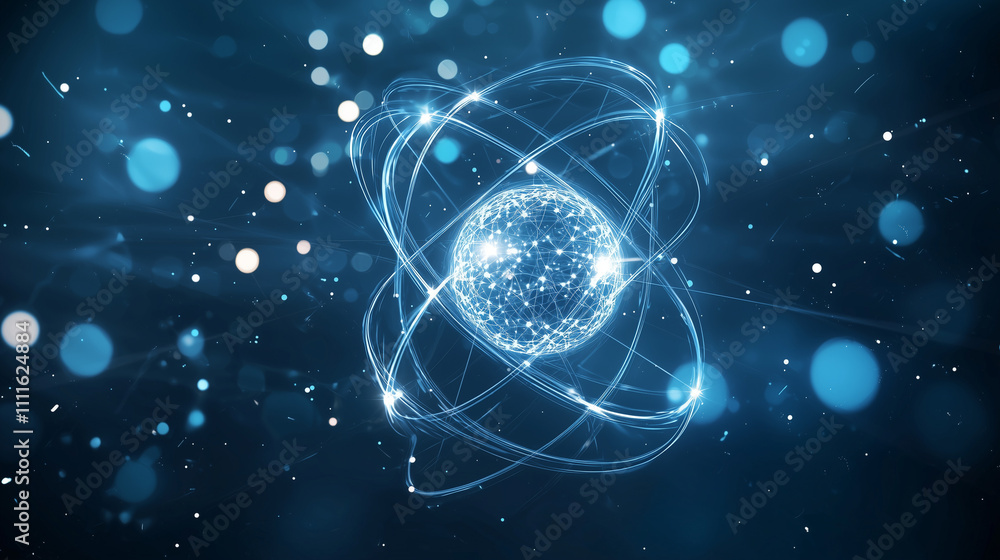 Poster atomic structure: a mesmerizing abstract representation of an atom, with its nucleus and orbiting el