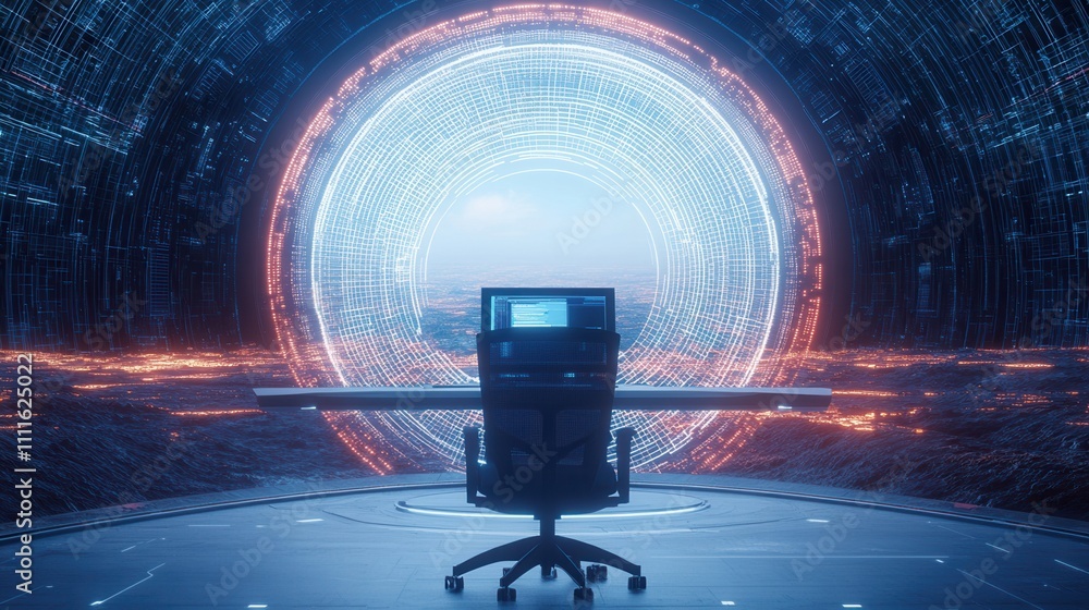 Poster a futuristic workspace featuring a sleek chair facing a glowing portal, surrounded by digital patter