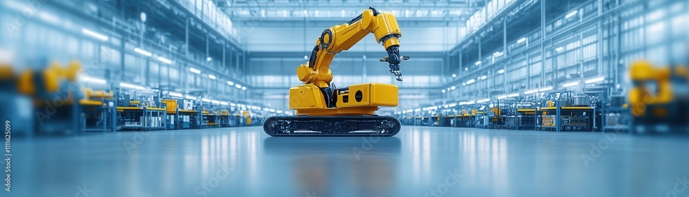Poster a robotic arm operates in a spacious, modern factory, showcasing advanced automation technology in a
