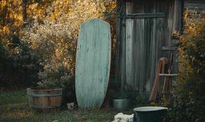 Rustic scene: weathered wood, painted board, garden.