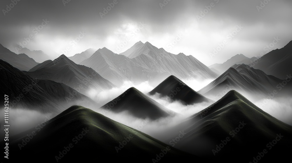 Poster clouds casting shadows on a valley nestled between mountain ranges, creating a play of light and sha