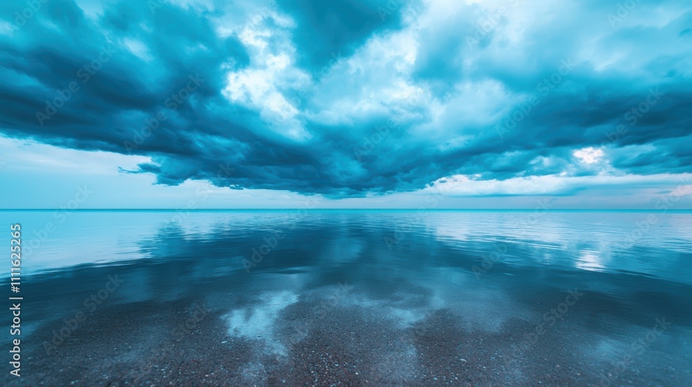 Poster dark brooding clouds reflecting in the vast expanse of the ocean, creating a sense of mystery and dr
