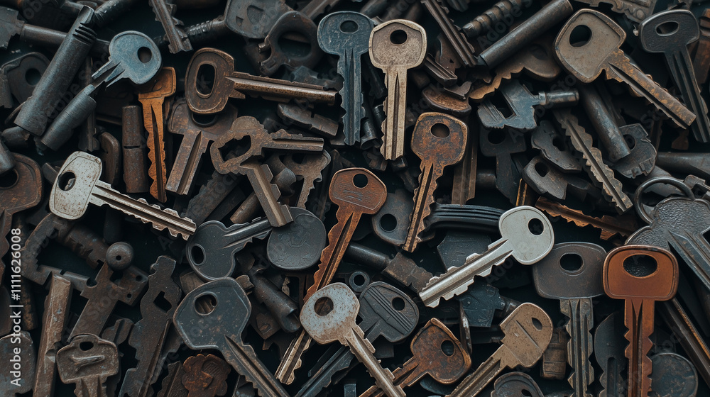 Poster a symphony of keys: a captivating close-up of a multitude of keys, each with its unique design and p