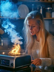 A toaster on fire. AI.