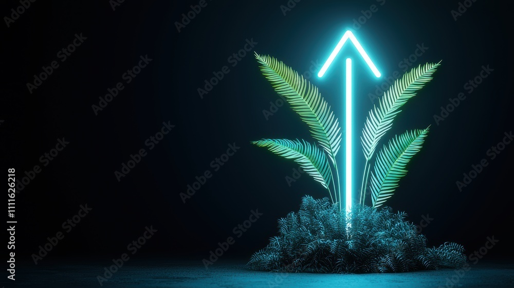 Aufkleber a dark background with a single, upward facing neon arrow pointing towards a single, delicate fern l