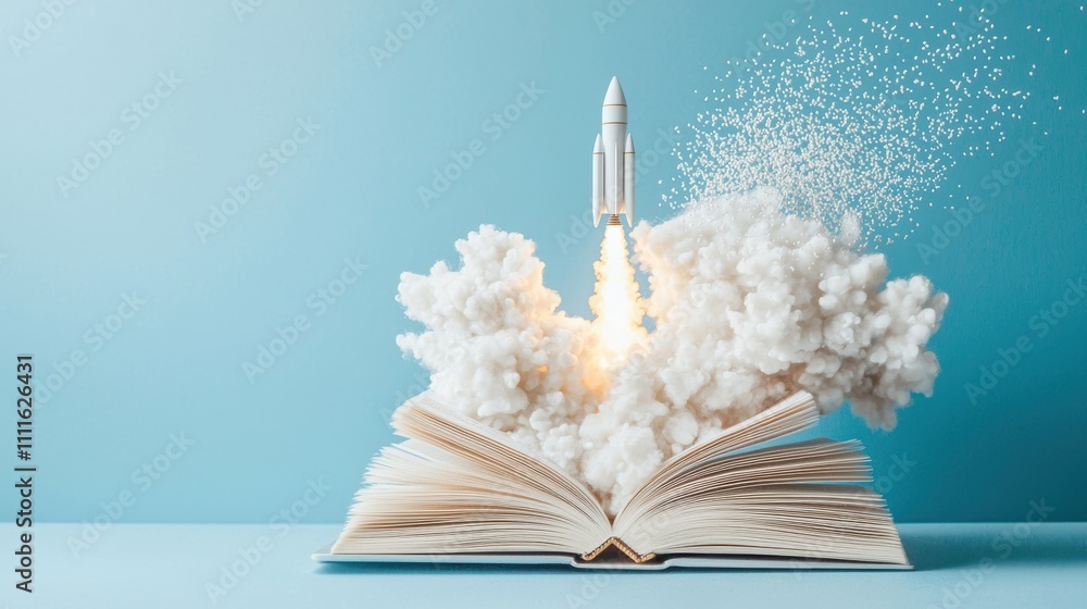 Poster an open book with its pages transforming into a flight of stairs leading towards a rocket launching 