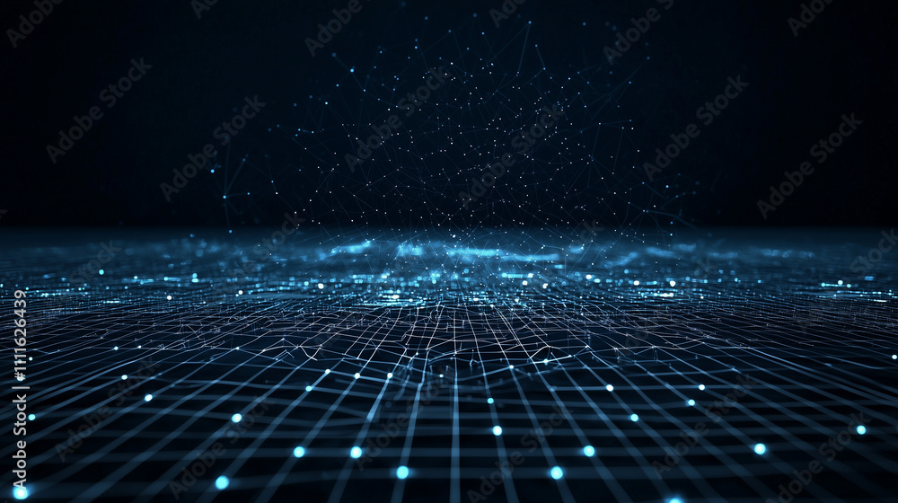Poster digital grid landscape: abstract digital art showcasing a glowing grid landscape, with particles flo