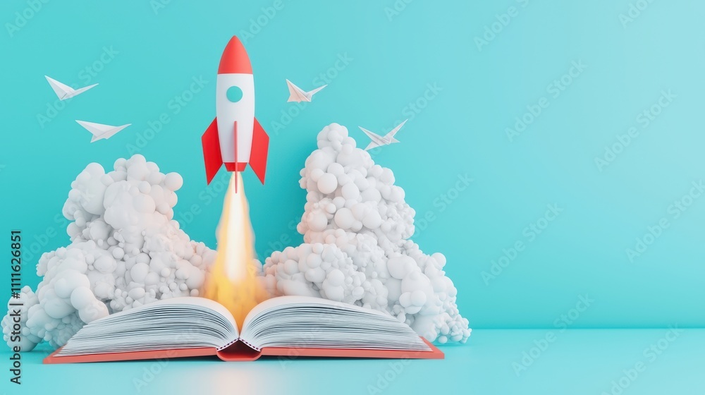 Poster an open book with its pages transforming into paper airplanes soaring towards a rocket launching int