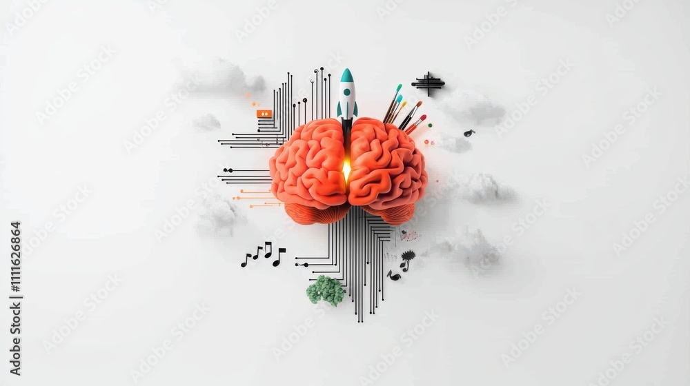 Poster an abstract image of a human brain with circuits and wires intertwined with paintbrushes, musical no