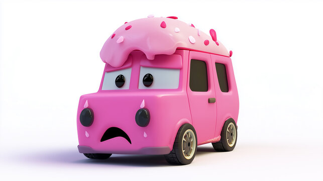 Cute pink ice cream truck with a sad face, cartoon character on a white background, 3D render 