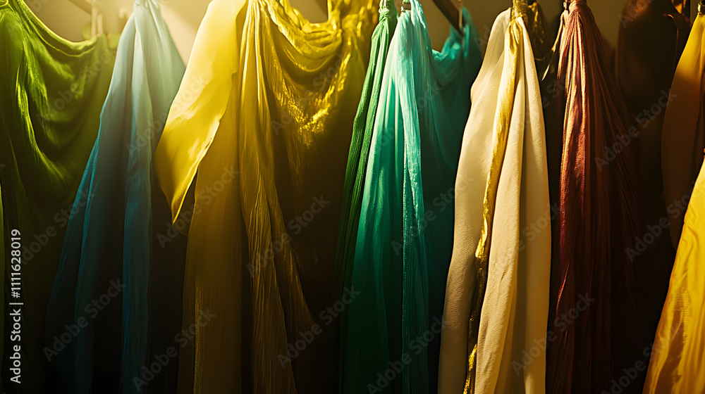 Poster a vibrant array of flowing fabrics in various colors, gracefully draped, showcasing elegance and tex