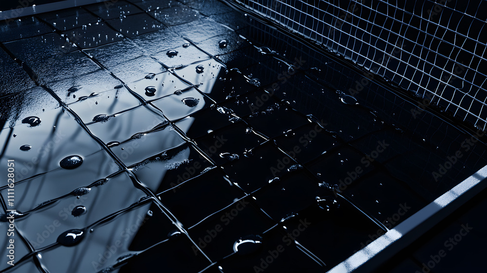 Poster A dark, reflective surface with water droplets, featuring a grid pattern, creating an intriguing interplay of light and texture