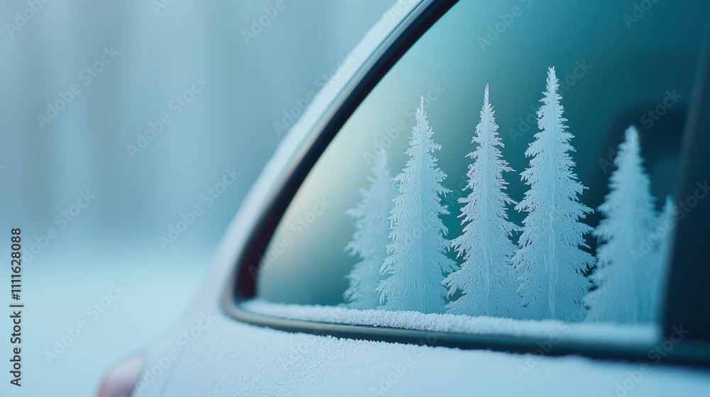 Aufkleber frost patterns on a car window resembling a winter forest, with tree like formations and intricate d