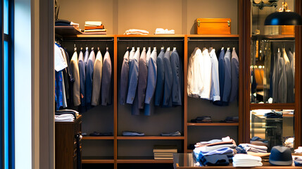 A modern clothing store interior featuring neatly arranged suits and shirts on hangers and shelves, showcasing a stylish and organized display