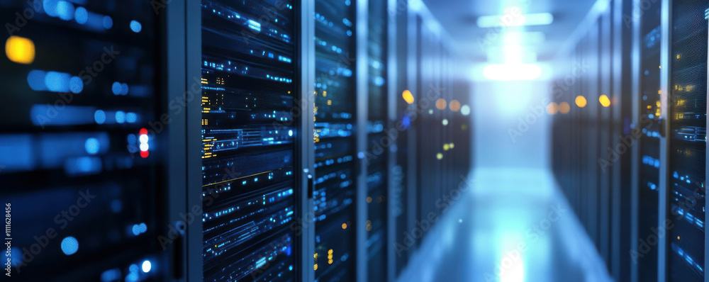 Poster data center with illuminated server racks, showcasing technology and connectivity. atmosphere convey