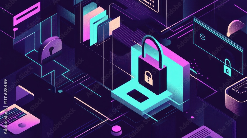 Poster digital security concept with lock and technology elements