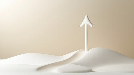 Fototapeta premium A clean, minimalist 3D white arrow rising upwards on a smooth, simple surface, representing forward momentum, success, and the achievement of future goals