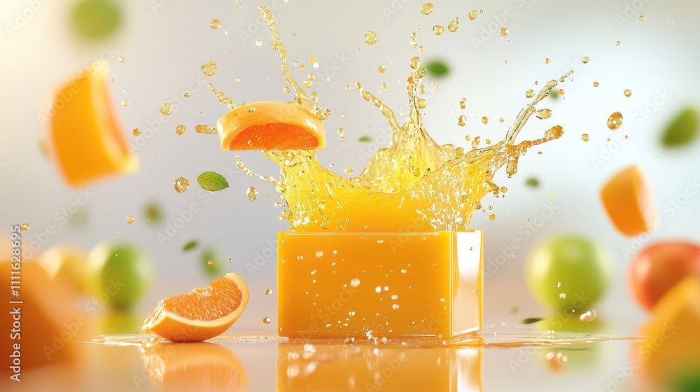 Poster a close-up of a juice box with splashes of fruit juice in motion around it, creating a playful and d
