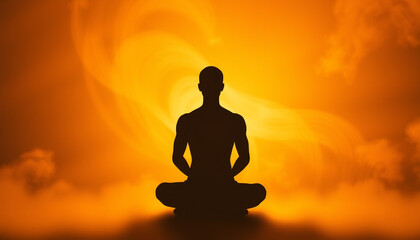 Meditation silhouette against a golden sunset backdrop, symbolizing inner peace