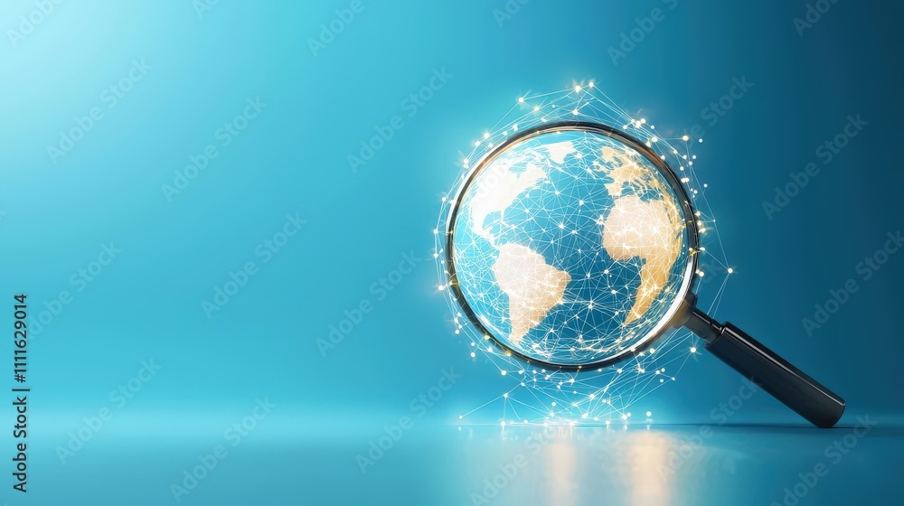 Aufkleber a conceptual image of a magnifying glass over a 3d globe with luminous web-like connections, ideal f