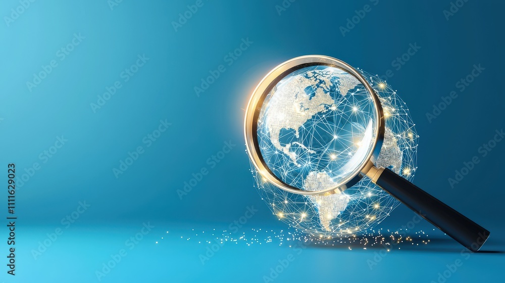 Aufkleber a conceptual image of a magnifying glass over a 3d globe with luminous web-like connections, ideal f