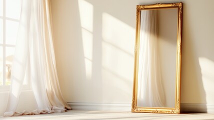 Elegant oversized antique mirror with ornate gold frame, beautifully leaning against a vintage wall.