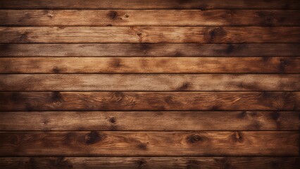 Naklejka premium A textured wooden wall featuring horizontal planks in warm brown tones.