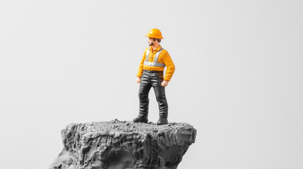 Tiny Construction Worker on a Cliff: A miniature construction worker, clad in a yellow hard hat and vest, stands confidently atop a miniature cliff, a symbol of resilience and determination.