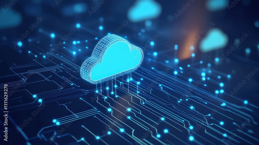Poster a digital concept of cloud computing and database storage represented on a detailed circuit board, w