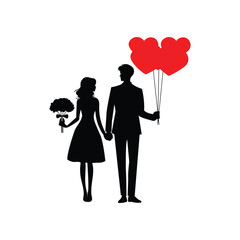 Romantic Couple Silhouette with Heart Balloons
