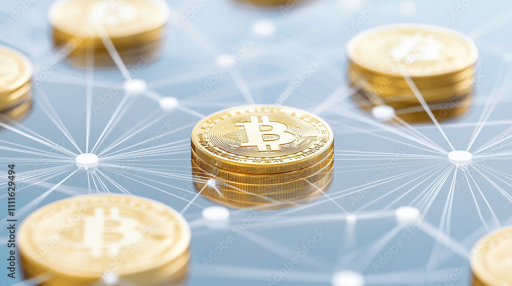 Poster bitcoin network: a close-up shot of bitcoin coins connected by a network of white lines, symbolizing