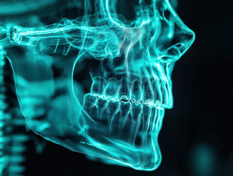detailed 3D rendering of human skull, showcasing intricate bone structures and contours. image highlights maxillofacial area with glowing blue effect, emphasizing clarity and precision